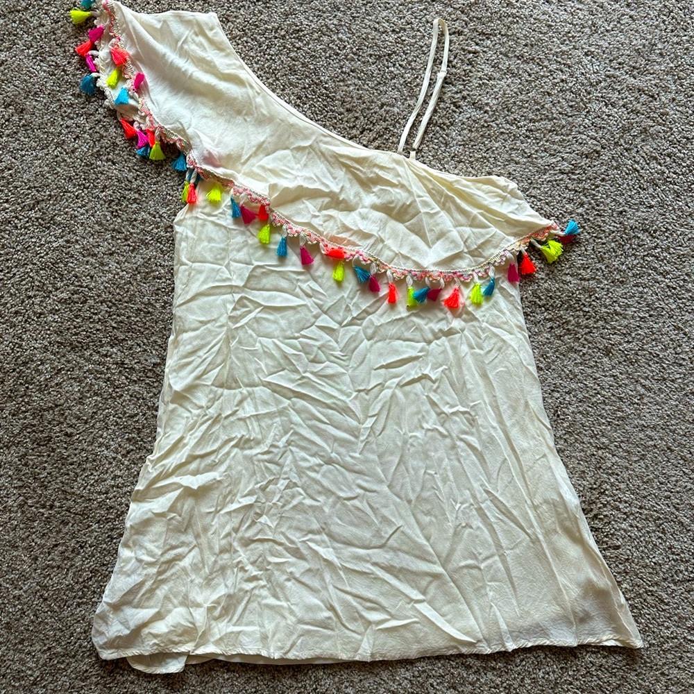 Adorable boutique assymetrical dress with bright colored tassels
